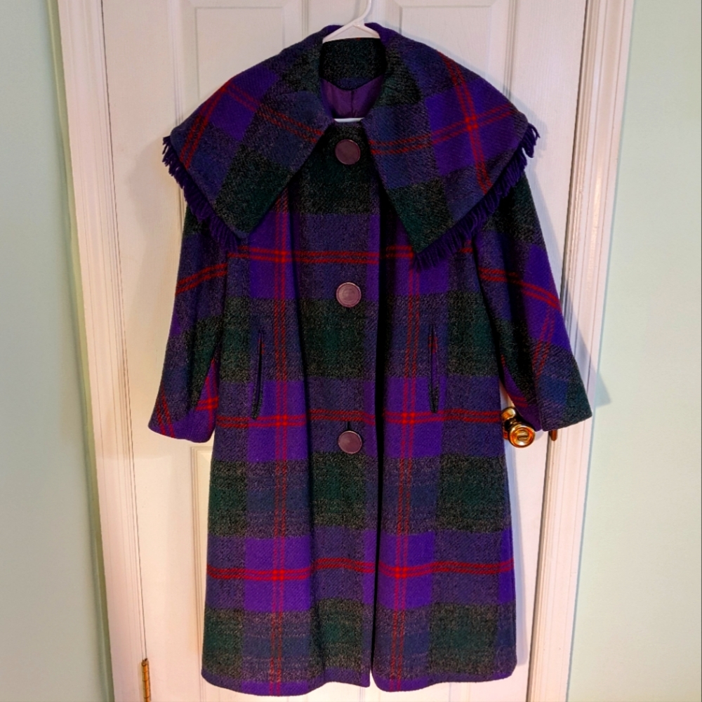 Vintage 60s 70s plaid wool coat with statement fringe collar